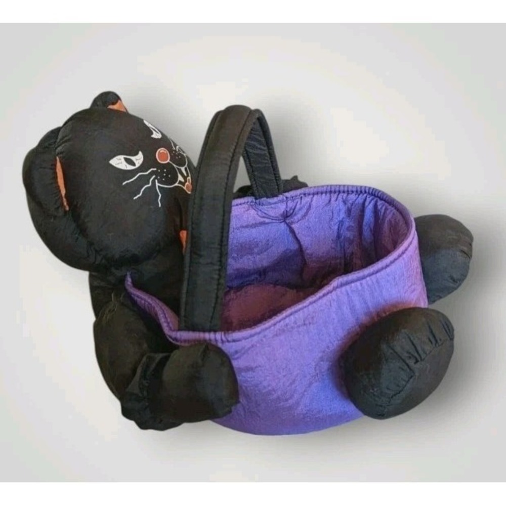 90s Halloween Bucket Black Cat Basket Trick Or Treat Nylon Kitty Vtg Plush